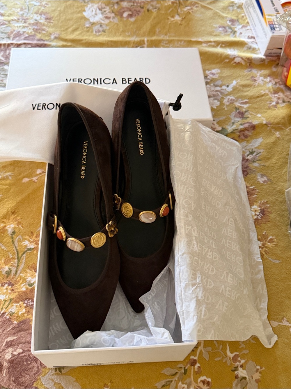 Veronica Beard Dark Brown Suede Pointed Toe Flats with Gold-Tone Coin Accents